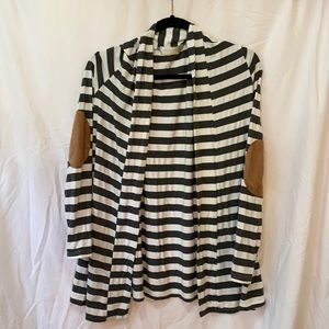 Gray striped cardigan brown elbow accent